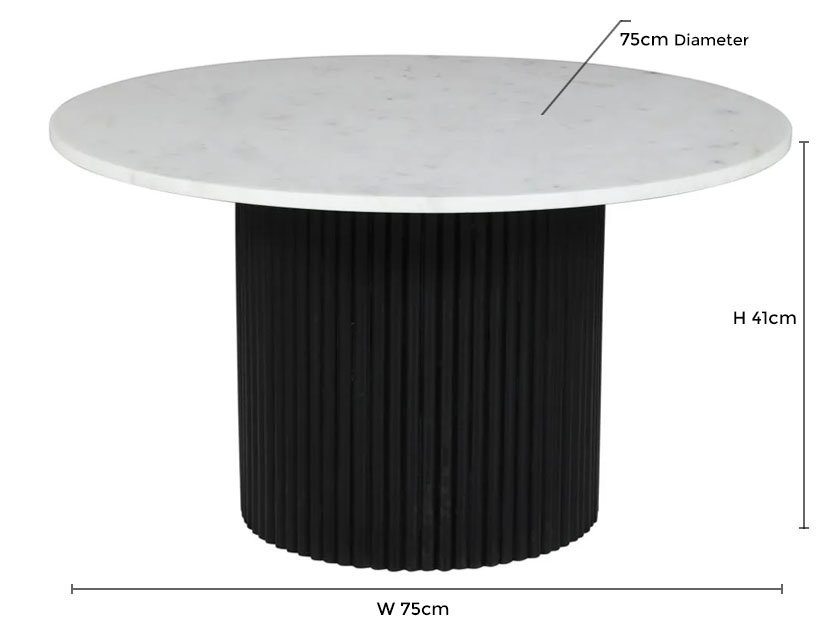 Product photograph of Carra Marble Coffee Table White Round Top With Black Fluted Ribbed Drum Base from Choice Furniture Superstore.