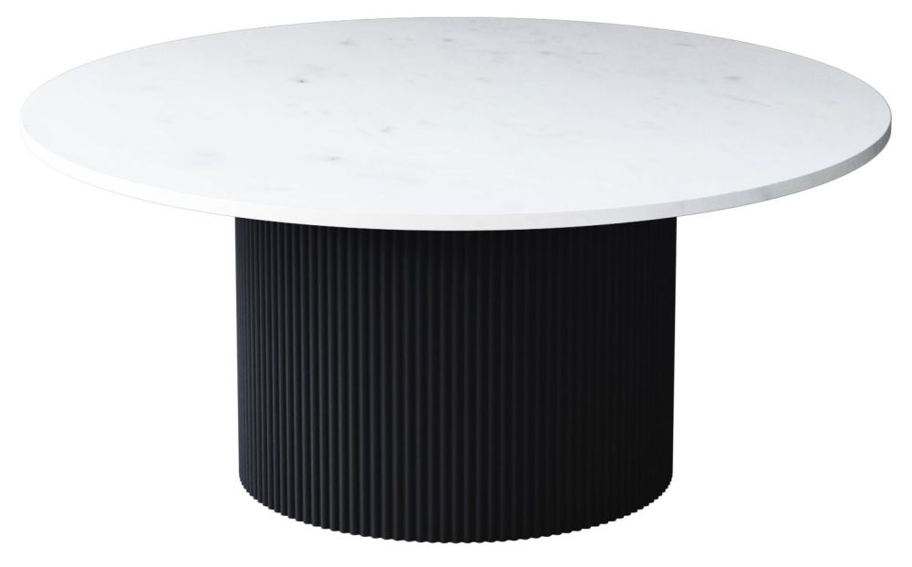 Product photograph of Carra Marble Coffee Table White Large Round Top With Black Fluted Ribbed Drum Base from Choice Furniture Superstore.