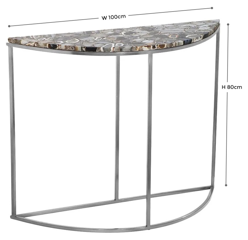 Product photograph of Agate Natural Stone Half Moon Console Table With Silver Chrome Metal Frame from Choice Furniture Superstore.