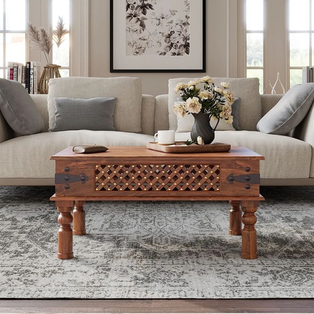 Product photograph of Maharani Sheesham Coffee Table Indian Wood Rectangular Top Lattice Design With 4 Turned Legs from Choice Furniture Superstore.