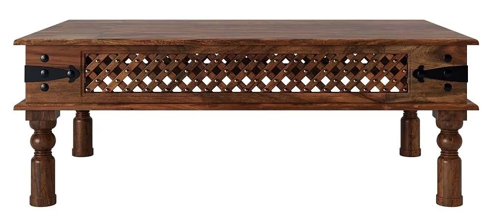 Product photograph of Maharani Sheesham Coffee Table Indian Wood Large Rectangular Top Lattice Design With 4 Turned Legs from Choice Furniture Superstore.