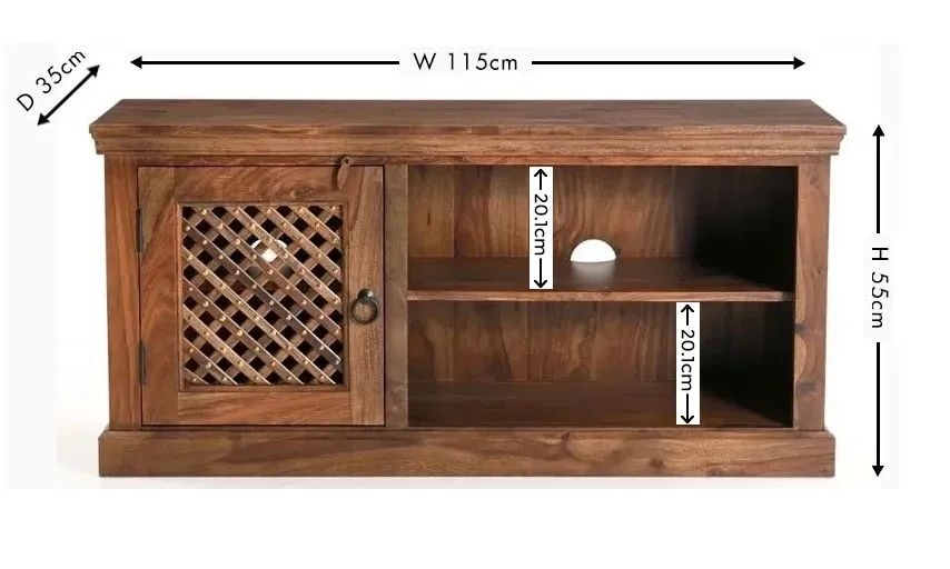 Maharani Sheesham TV Unit, Indian Wood, Small Cabinet 115cm, Stand Upto 40in Plasma TV, Lattice Jali Design - 1 Door with 1 Shelf