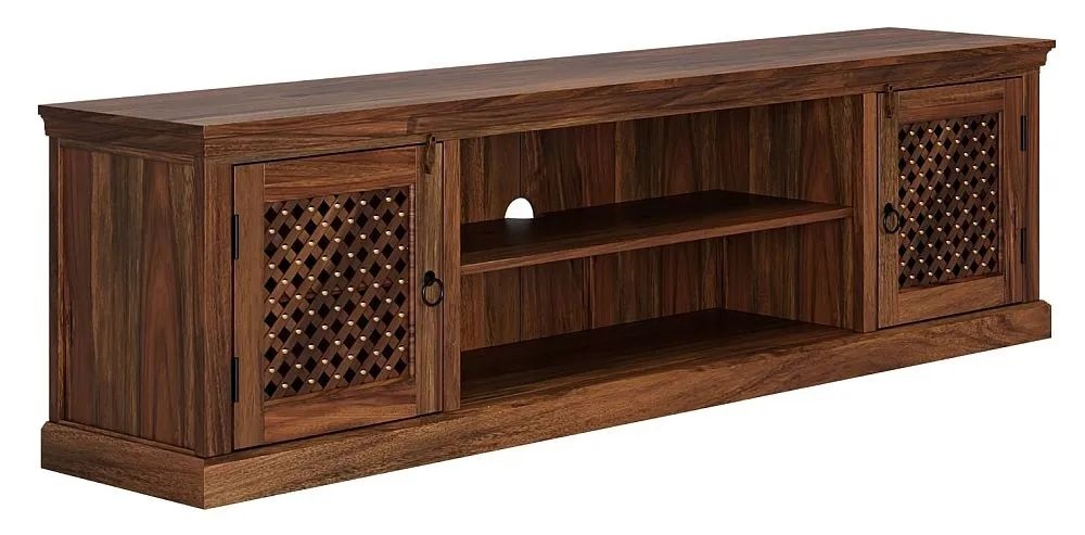 Product photograph of Maharani Sheesham Tv Unit Indian Wood Wide Cabinet 200cm Stand Upto 75in Plasma Tv Lattice Jali Design - 2 Door With 1 Shelf from Choice Furniture Superstore.