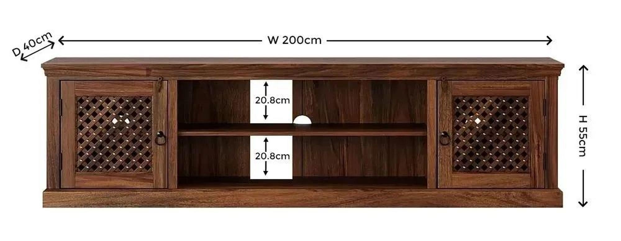 Maharani Sheesham TV Unit, Indian Wood, Wide Cabinet 200cm, Stand Upto 75in Plasma TV, Lattice Jali Design - 2 Door with 1 Shelf