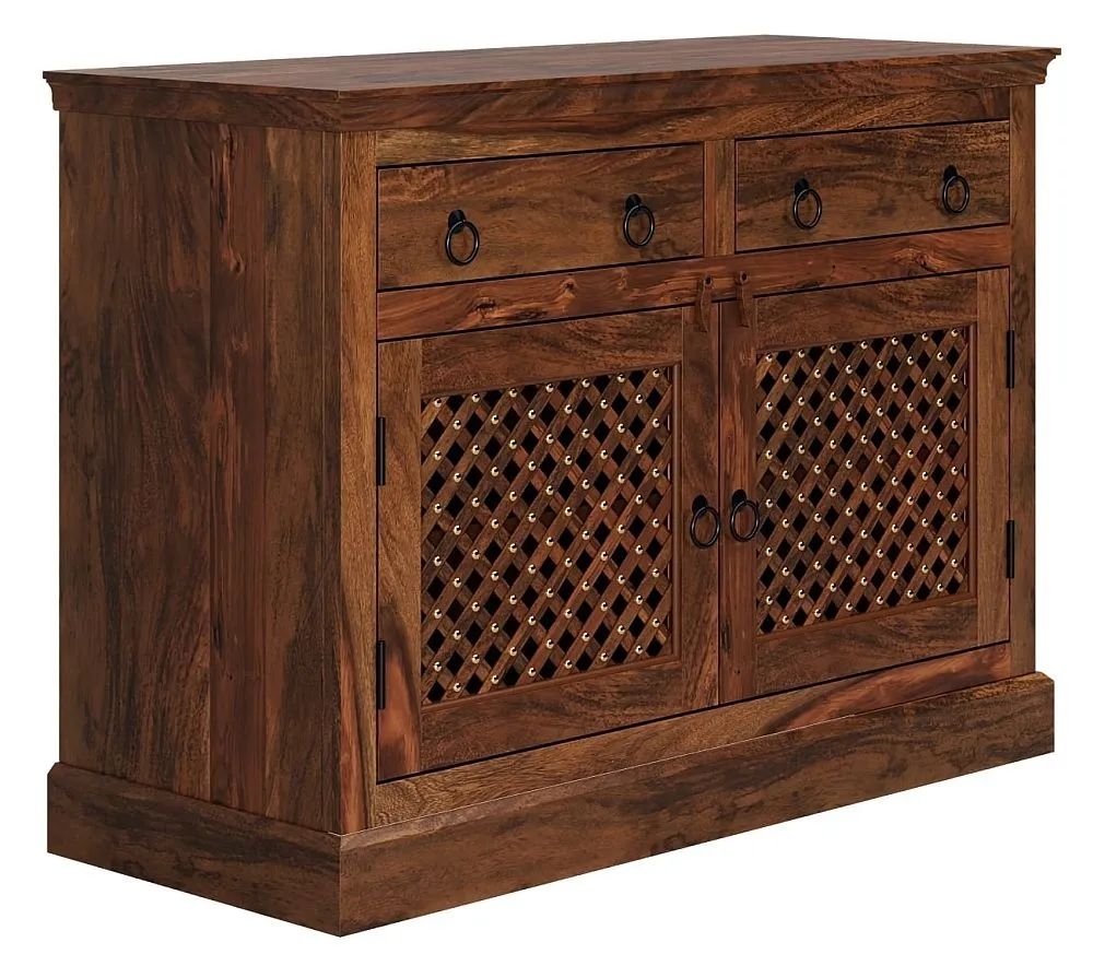 Product photograph of Maharani Sheesham Sideboard Indian Wood 110cm Small Cabinet Lattice Jali Design - 2 Door With 2 Drawers from Choice Furniture Superstore.