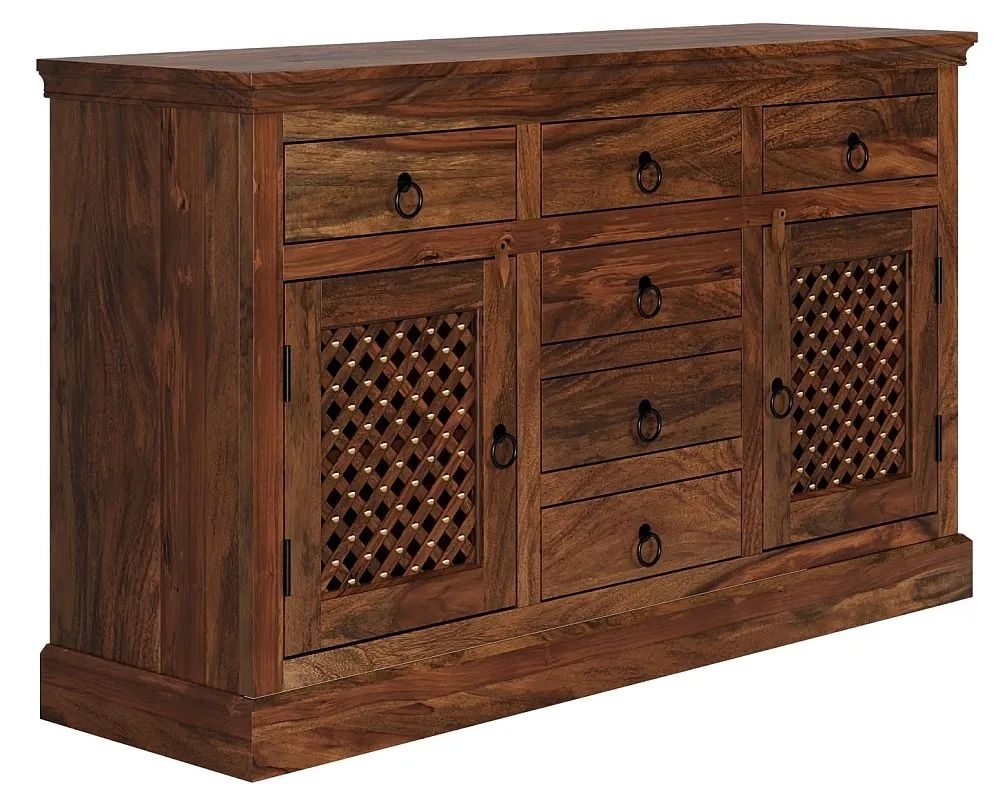 Product photograph of Maharani Sheesham Sideboard Indian Wood 135cm Medium Cabinet Lattice Jali Design - 2 Door With 6 Drawers from Choice Furniture Superstore.