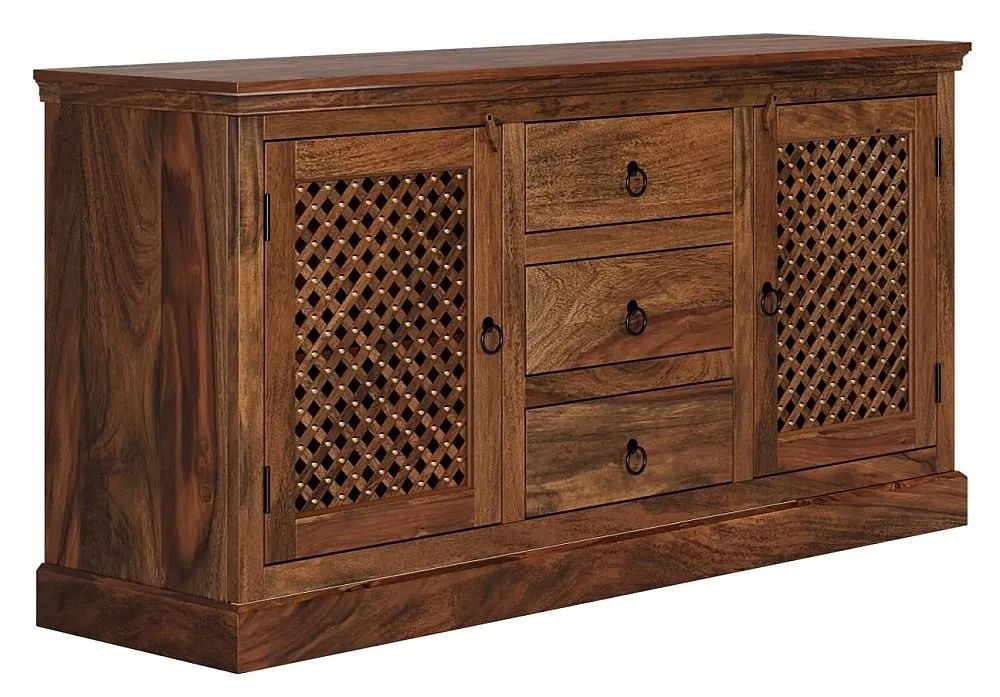 Product photograph of Maharani Sheesham Sideboard Indian Wood 160cm Large Cabinet Lattice Jali Design - 2 Door With 3 Drawers from Choice Furniture Superstore.