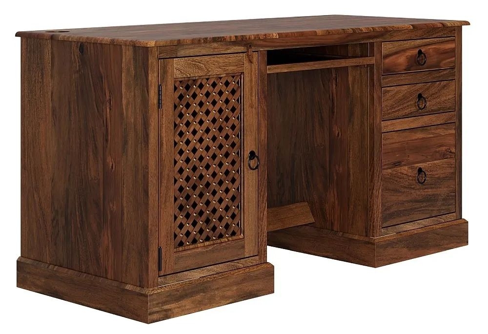 Product photograph of Maharani Sheesham Computer Desk Indian Wood Double Pedestal Lattice Jali Design - Filing Cabinet 1 Door With 3 Drawers from Choice Furniture Superstore.