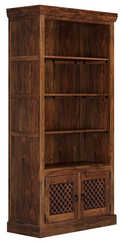 Product photograph of Maharani Sheesham Bookcase Indian Wood Lattice Jali Design - Tall 4 Book Shelf With Bottom Storage Cupboard from Choice Furniture Superstore.