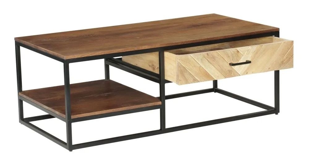 Product photograph of Rennes Chevron 1 Drawer Storage Coffee Table - Rustic Mango Wood from Choice Furniture Superstore.