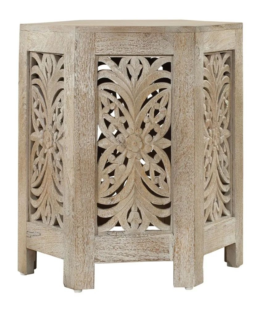Product photograph of Mumbai Carved Hexagon Side Table In White Washed Finished Mango Wood from Choice Furniture Superstore.