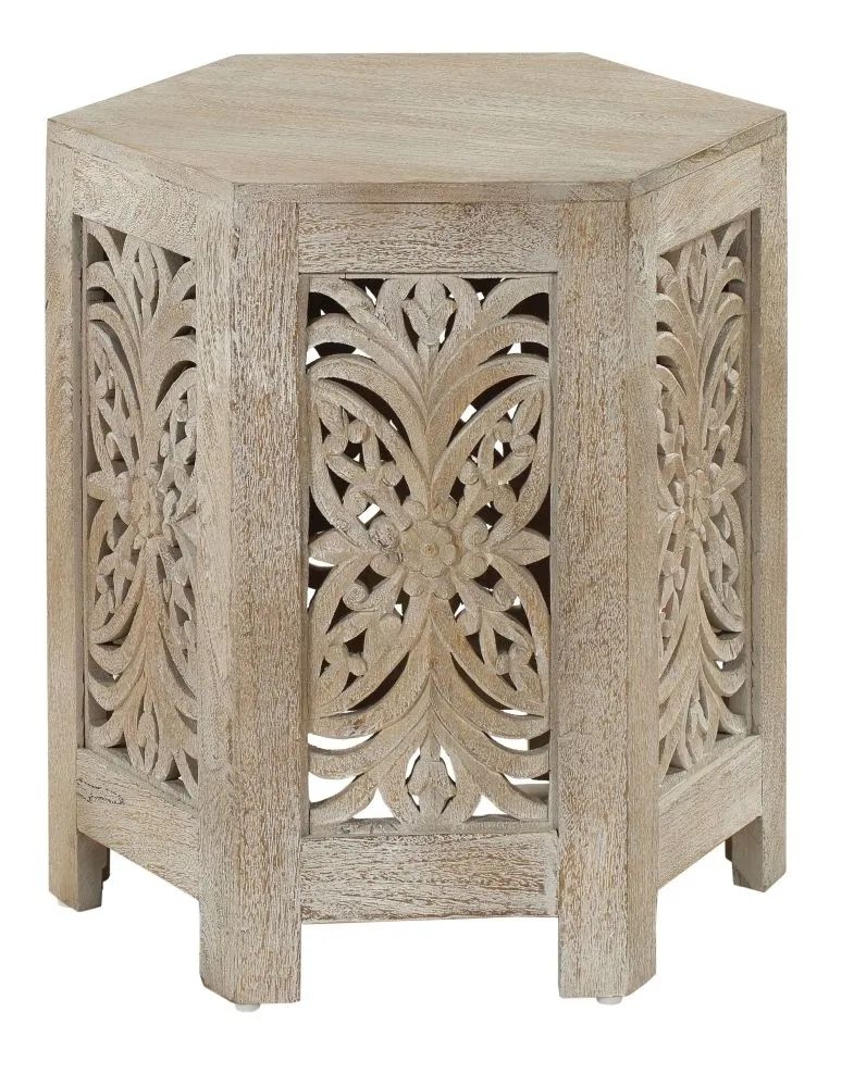 Product photograph of Mumbai Carved Hexagon Side Table In White Washed Finished Mango Wood from Choice Furniture Superstore.