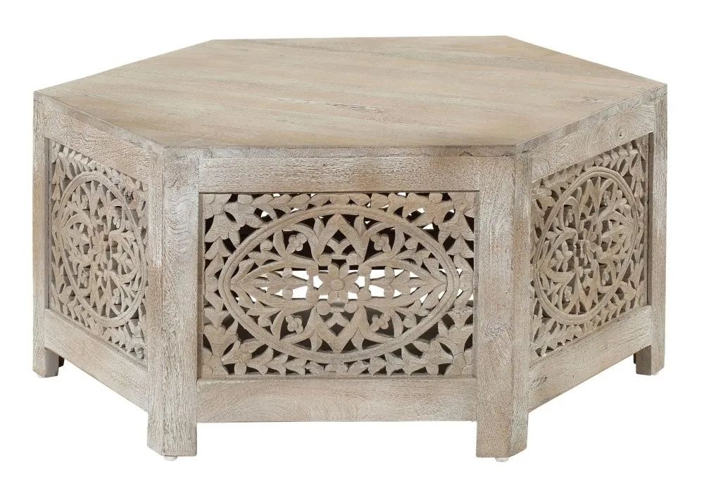 Product photograph of Mumbai Carved Hexagon Coffee Table In White Washed Finished Mango Wood from Choice Furniture Superstore.