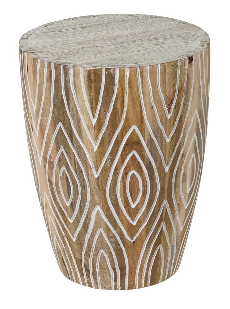 Product photograph of Clearance - Sahara Carved Drum Side Table In White Washed Finished Mango Wood from Choice Furniture Superstore.