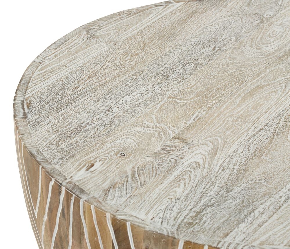 Product photograph of Clearance - Sahara Carved Drum Coffee Table In White Washed Finished Mango Wood from Choice Furniture Superstore.