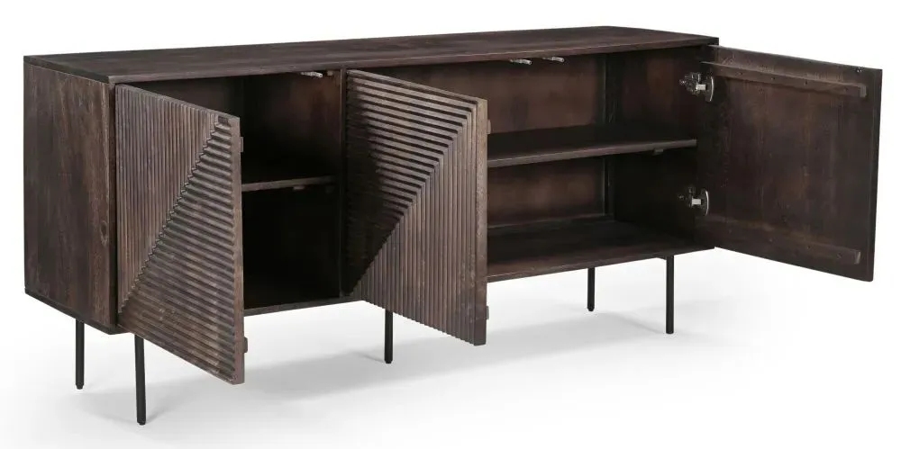Product photograph of Highgrove Fluted 3 Door Sideboard In Walnut Finished Mango Wood from Choice Furniture Superstore.
