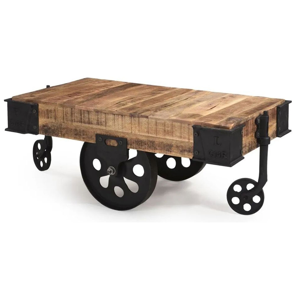 Product photograph of Dakota Mango Wood Cart Coffee Table Industrial Style Indian Light Natural Rustic Finish - 4 Iron Wheels from Choice Furniture Superstore.