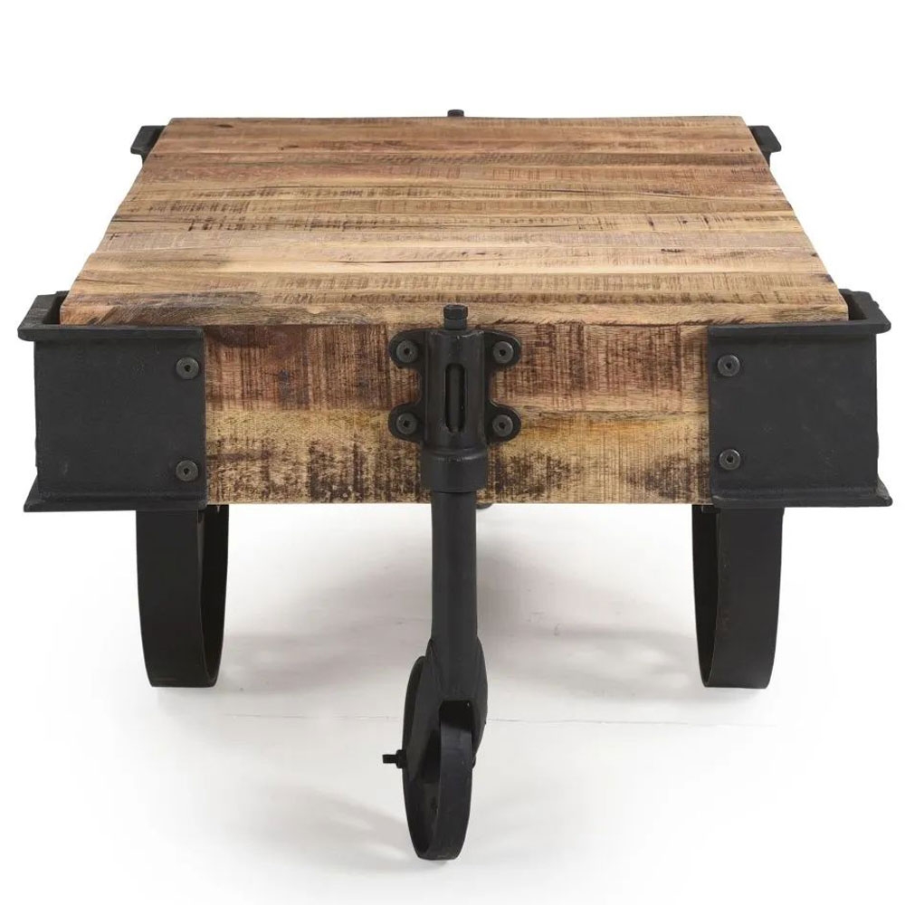 Product photograph of Dakota Mango Wood Cart Coffee Table Industrial Style Indian Light Natural Rustic Finish - 4 Iron Wheels from Choice Furniture Superstore.