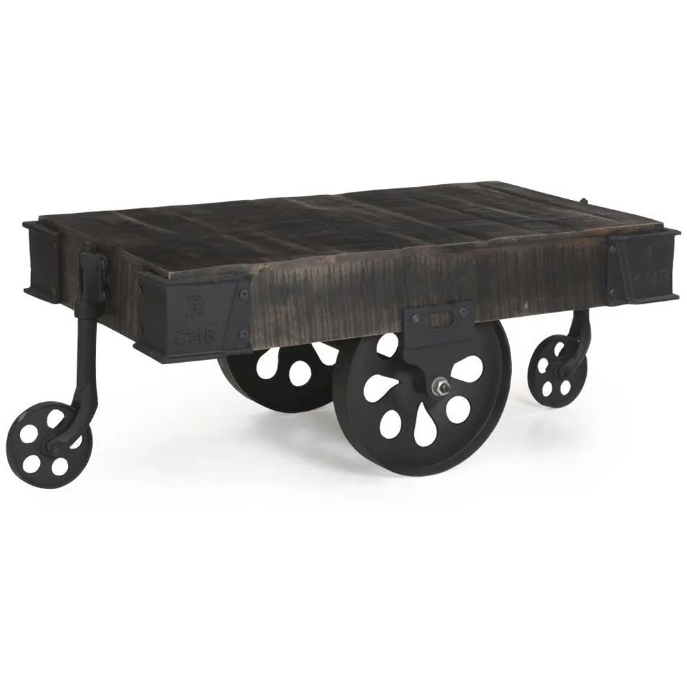 Product photograph of Clearance - Dakota Mango Wood Cart Coffee Table Industrial Style Indian Dark Walnut Rustic Finish - 4 Iron Wheels from Choice Furniture Superstore.