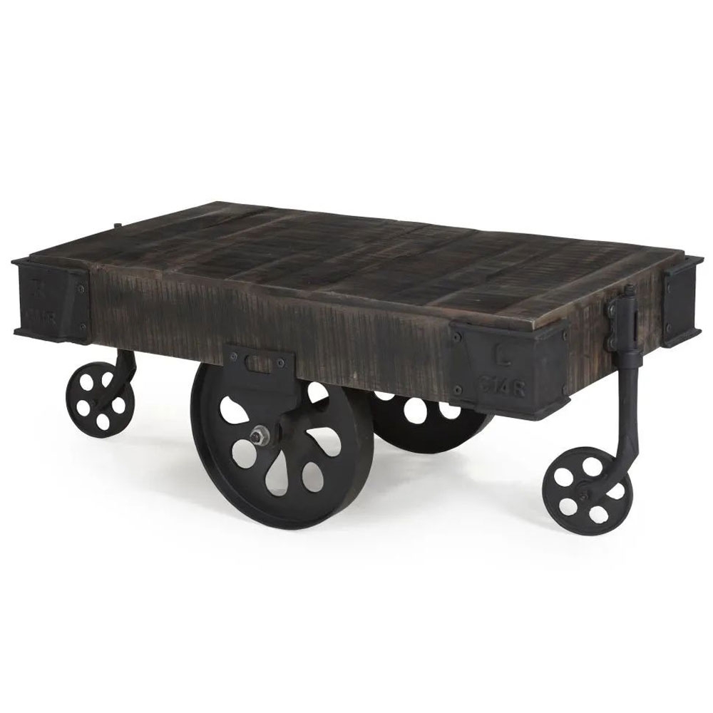 Product photograph of Clearance - Dakota Mango Wood Cart Coffee Table Industrial Style Indian Dark Walnut Rustic Finish - 4 Iron Wheels from Choice Furniture Superstore.