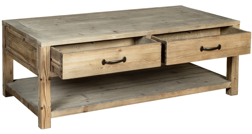 Product photograph of Langley Reclaimed Pine 2 Drawer Coffee Table from Choice Furniture Superstore.