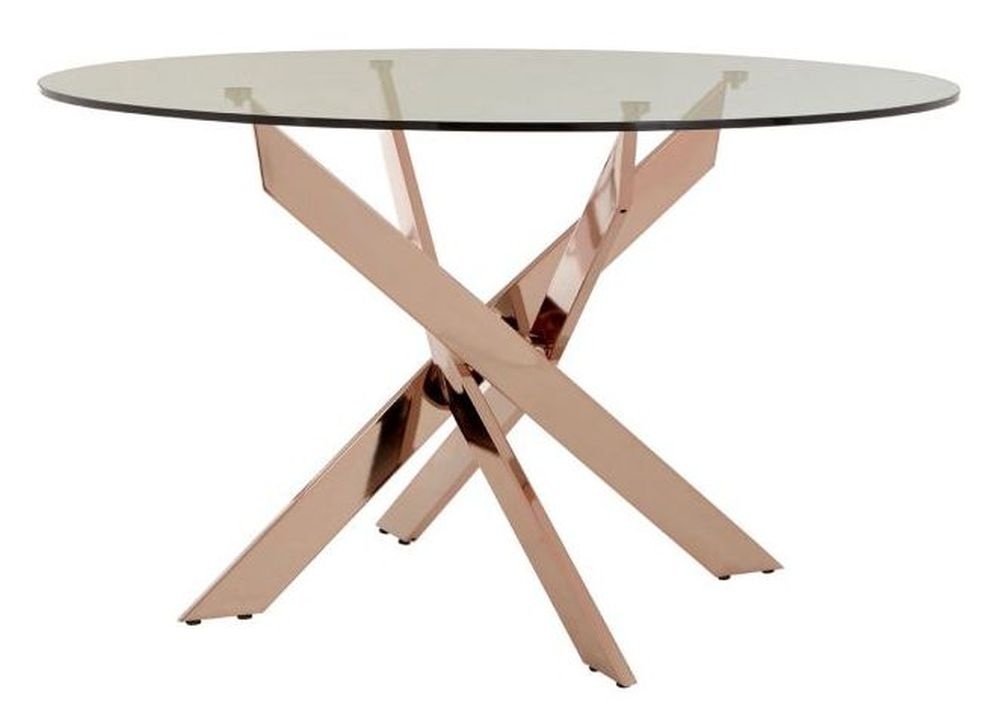 Product photograph of Kelley Glass Top And Rose Gold Intersected Dining Table 130cm Seats 4 To 6 Diners Round Top from Choice Furniture Superstore.