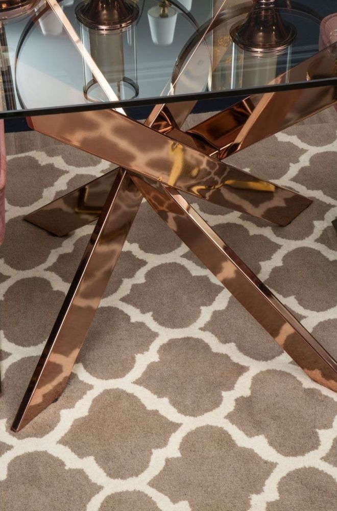 Product photograph of Kelley Glass Top And Rose Gold Intersected Dining Table 150cm Seats 4 To 6 Diners Rectangular Top from Choice Furniture Superstore.