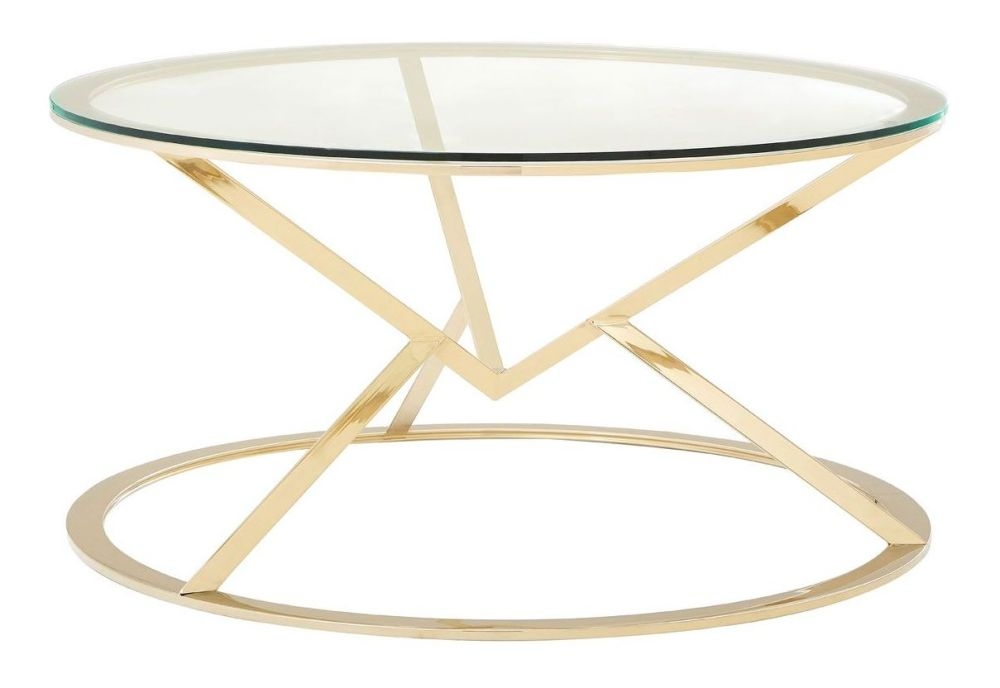 Product photograph of Kelley Glass Top And Champagne Gold Corseted Round Coffee Table from Choice Furniture Superstore.