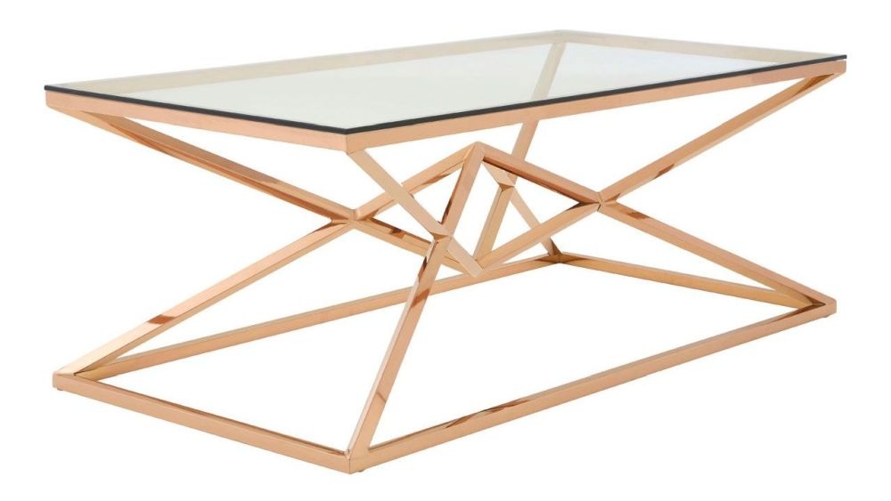 Product photograph of Kelley Glass Top And Rose Gold Geometric Corseted Coffee Table from Choice Furniture Superstore.