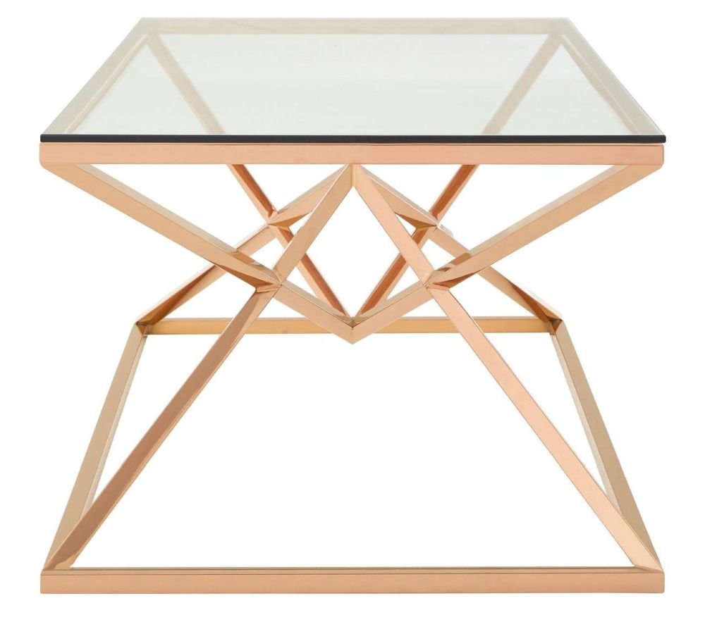 Product photograph of Kelley Glass Top And Rose Gold Geometric Corseted Coffee Table from Choice Furniture Superstore.