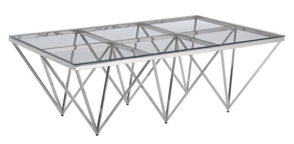 Product photograph of Kelley Glass Top And Silver Spike Triangle Base Coffee Table from Choice Furniture Superstore.