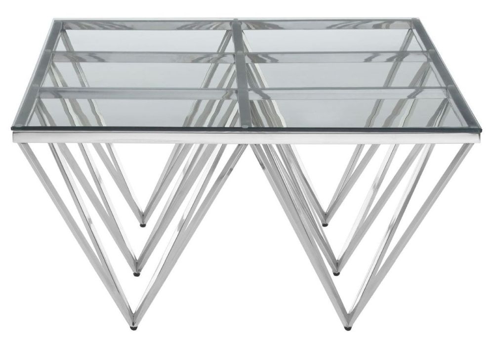 Product photograph of Kelley Glass Top And Silver Spike Triangle Base Coffee Table from Choice Furniture Superstore.