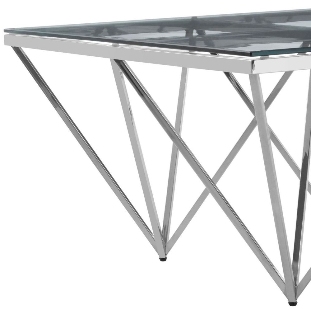 Product photograph of Kelley Glass Top And Silver Spike Triangle Base Coffee Table from Choice Furniture Superstore.