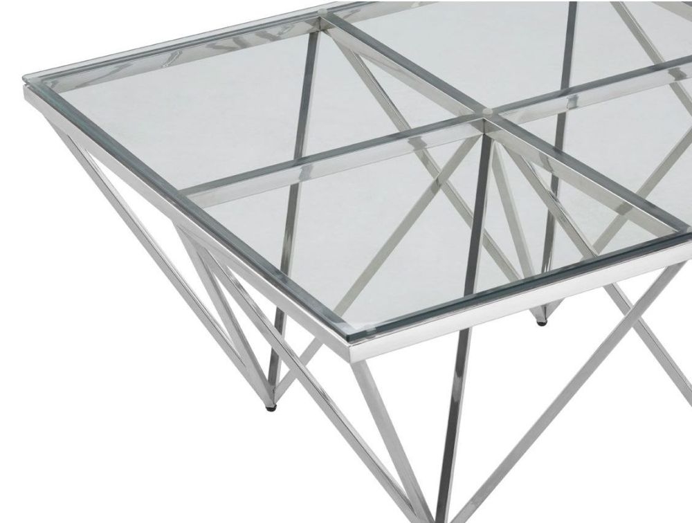 Product photograph of Kelley Glass Top And Silver Spike Triangle Base Coffee Table from Choice Furniture Superstore.