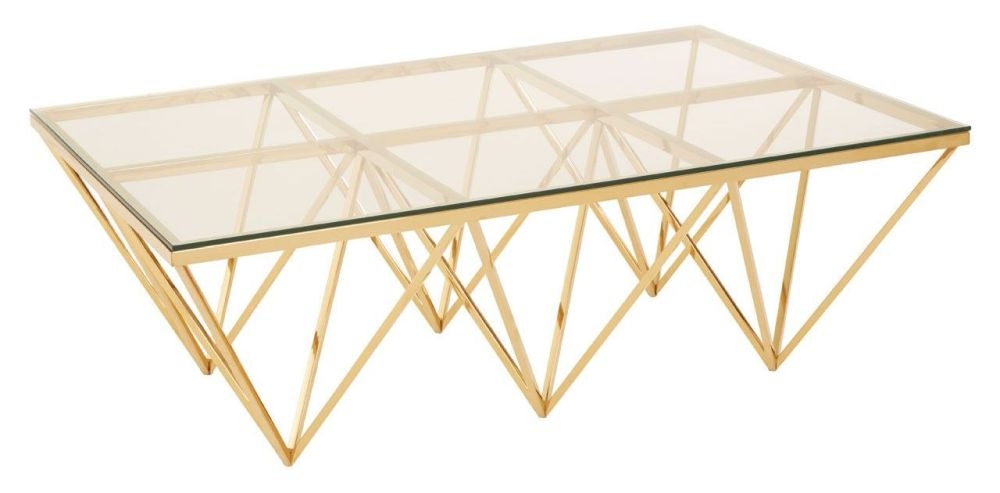 Product photograph of Kelley Glass Top And Gold Spike Triangle Base Coffee Table from Choice Furniture Superstore.