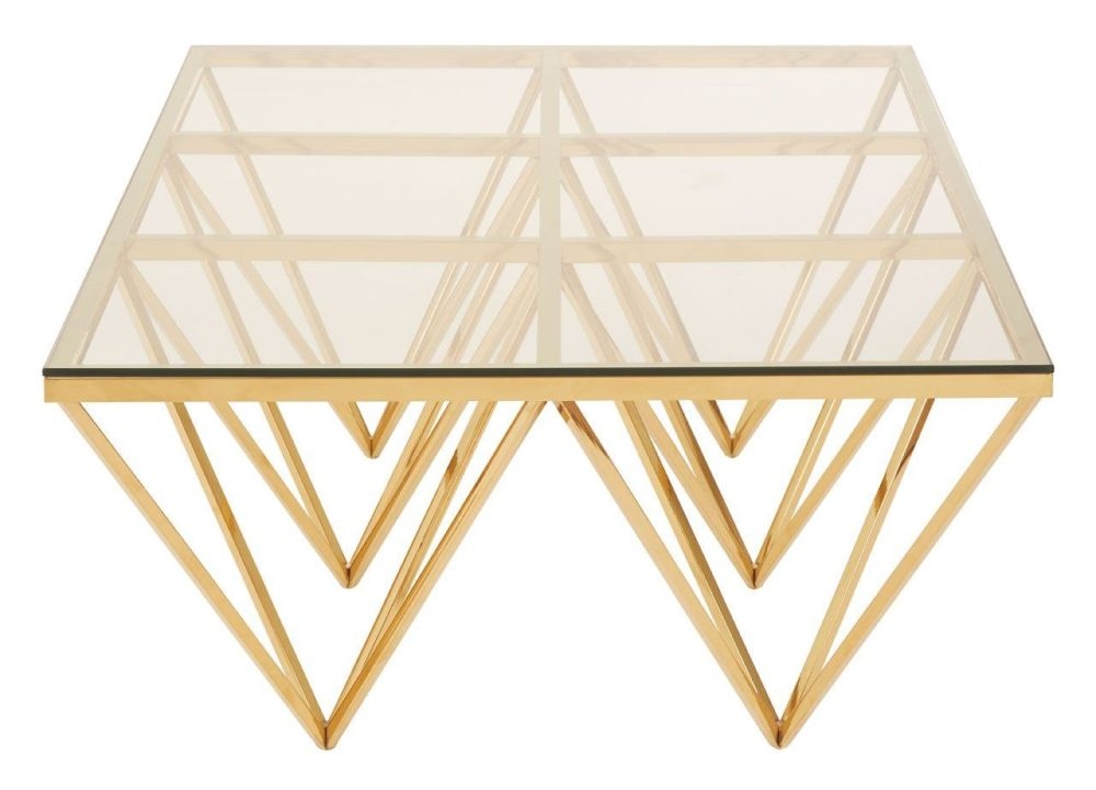 Product photograph of Kelley Glass Top And Gold Spike Triangle Base Coffee Table from Choice Furniture Superstore.