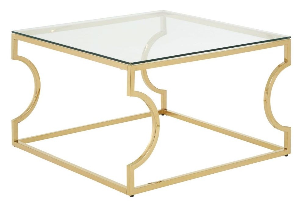 Product photograph of Kelley Glass Coffee Table With Gold Curved Base from Choice Furniture Superstore.