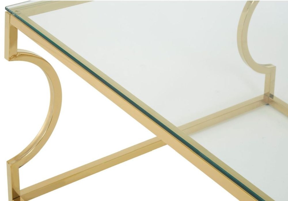 Product photograph of Kelley Glass Coffee Table With Gold Curved Base from Choice Furniture Superstore.
