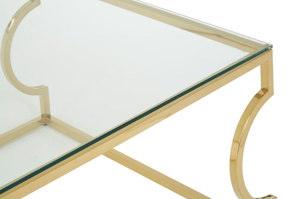 Product photograph of Kelley Glass Coffee Table With Gold Curved Base from Choice Furniture Superstore.