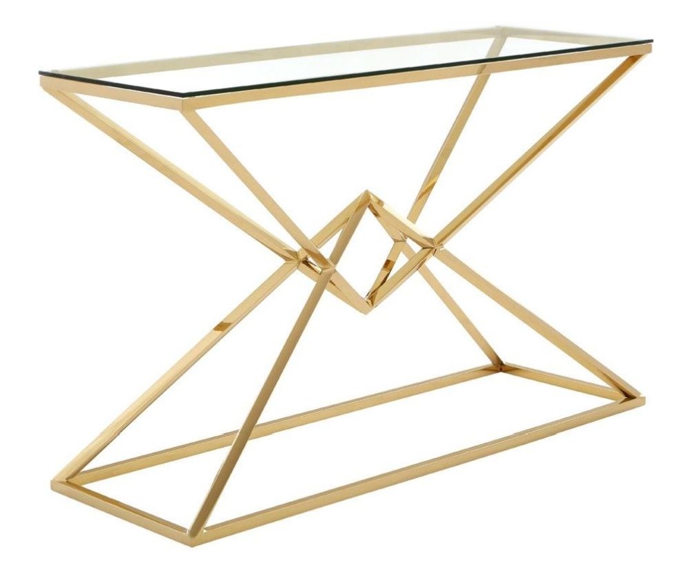 Product photograph of Kelley Glass Top And Champagne Gold Geometric Corseted Console Table from Choice Furniture Superstore.