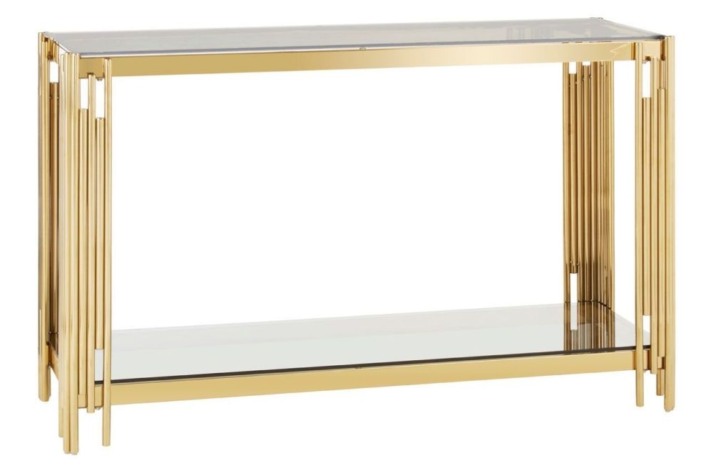 Product photograph of Kelley Glass Top And Gold Linear Console Table from Choice Furniture Superstore.
