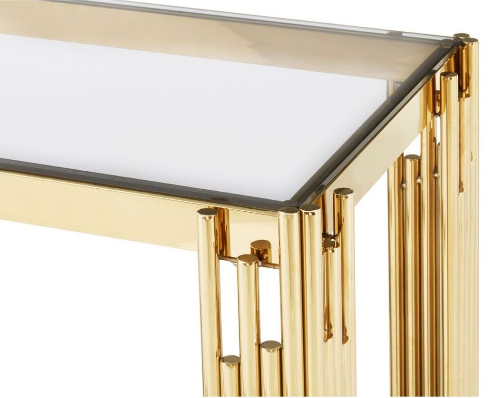 Product photograph of Kelley Glass Top And Gold Linear Console Table from Choice Furniture Superstore.