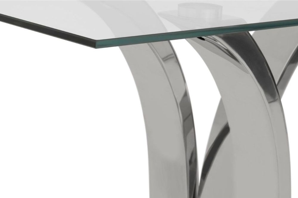 Product photograph of Kelley Glass Top And Silver Curved Base Console Table from Choice Furniture Superstore.