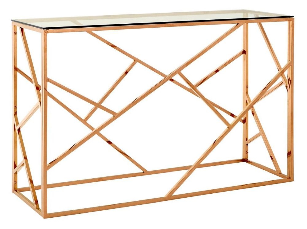 Product photograph of Kelley Glass Top And Rose Gold Geometric Console Table from Choice Furniture Superstore.