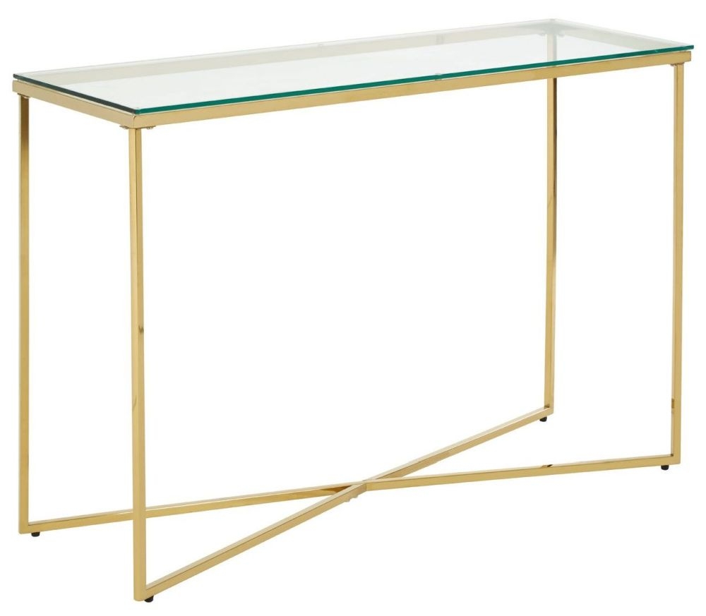 Product photograph of Kelley Glass Top And Gold Cross Base Console Table from Choice Furniture Superstore.
