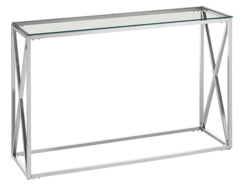Product photograph of Kelley Glass Top And Silver Cross Base Console Table from Choice Furniture Superstore.