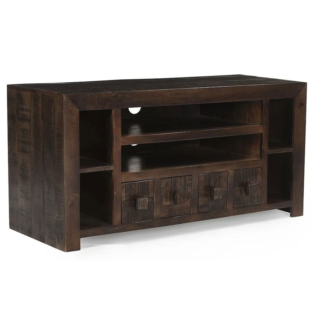 Product photograph of Clearance - Dakota Mango Wood Tv Unit Indian Dark Walnut Rustic Finish Medium Cabinet 110cm Stand Upto 43in Plasma Tv - 4 Drawer from Choice Furniture Superstore.