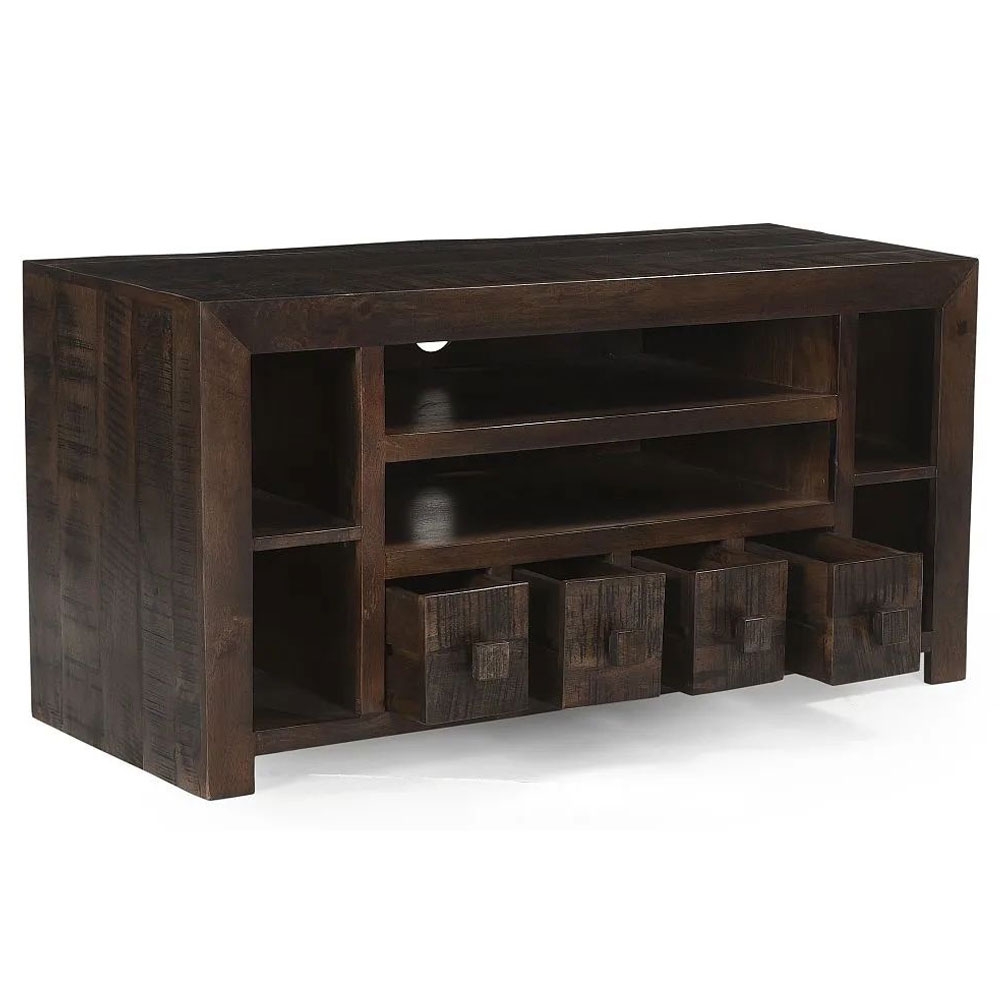 Product photograph of Clearance - Dakota Mango Wood Tv Unit Indian Dark Walnut Rustic Finish Medium Cabinet 110cm Stand Upto 43in Plasma Tv - 4 Drawer from Choice Furniture Superstore.