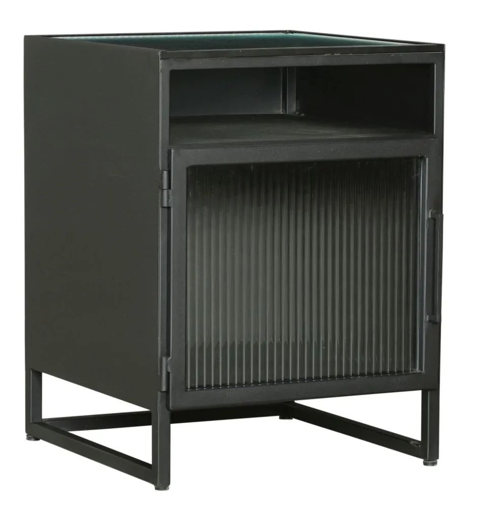 Product photograph of Clearance - Reed Black Metal Industrial Bedside Cabinet With 1 Fluted Glass Door from Choice Furniture Superstore.