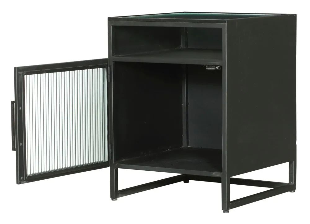 Product photograph of Clearance - Reed Black Metal Industrial Bedside Cabinet With 1 Fluted Glass Door from Choice Furniture Superstore.